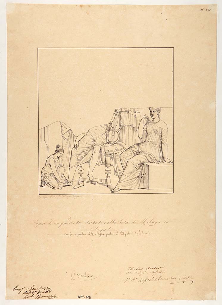 VI.9.2 Pompeii. Drawing by Giuseppe Marsigli, of painting from south wall of atrium.
Now in Naples Archaeological Museum. Inventory number ADS 309.
Photo © ICCD. http://www.catalogo.beniculturali.it
Utilizzabili alle condizioni della licenza Attribuzione - Non commerciale - Condividi allo stesso modo 2.5 Italia (CC BY-NC-SA 2.5 IT)