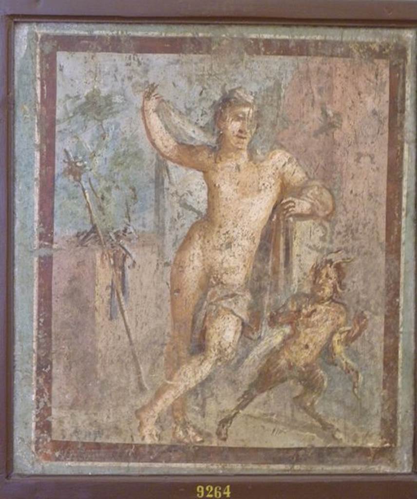 VI.9.2 Pompeii. 12th October 1829. Room 13. Cubiculum on south side of atrium. Wall painting of Hermaphrodite and a startled Pan who flees in surprise. Now in Naples Archaeological Museum. Inventory number 9264. See Helbig, W., 1868. Wandgemälde der vom Vesuv verschütteten Städte Campaniens. Leipzig: Breitkopf und Härtel. (1371).