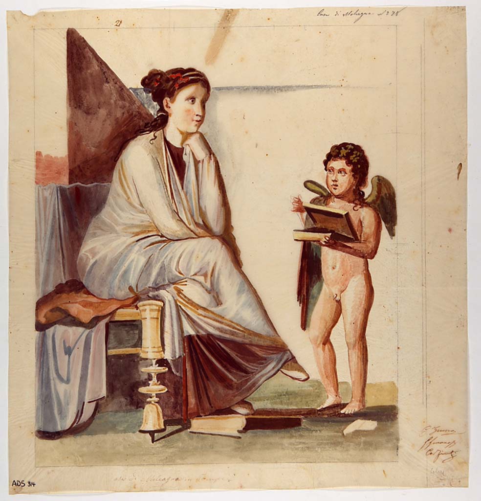 VI.9.2 Pompeii. Painting by Giuseppe Marsigli, of Sappho and cupid. (Helbig 1430).
According to Helbig, this painting was not cut and detached, and was already listed as destroyed by him.
Now in Naples Archaeological Museum. Inventory number ADS 314.
Photo © ICCD. http://www.catalogo.beniculturali.it
Utilizzabili alle condizioni della licenza Attribuzione - Non commerciale - Condividi allo stesso modo 2.5 Italia (CC BY-NC-SA 2.5 IT)