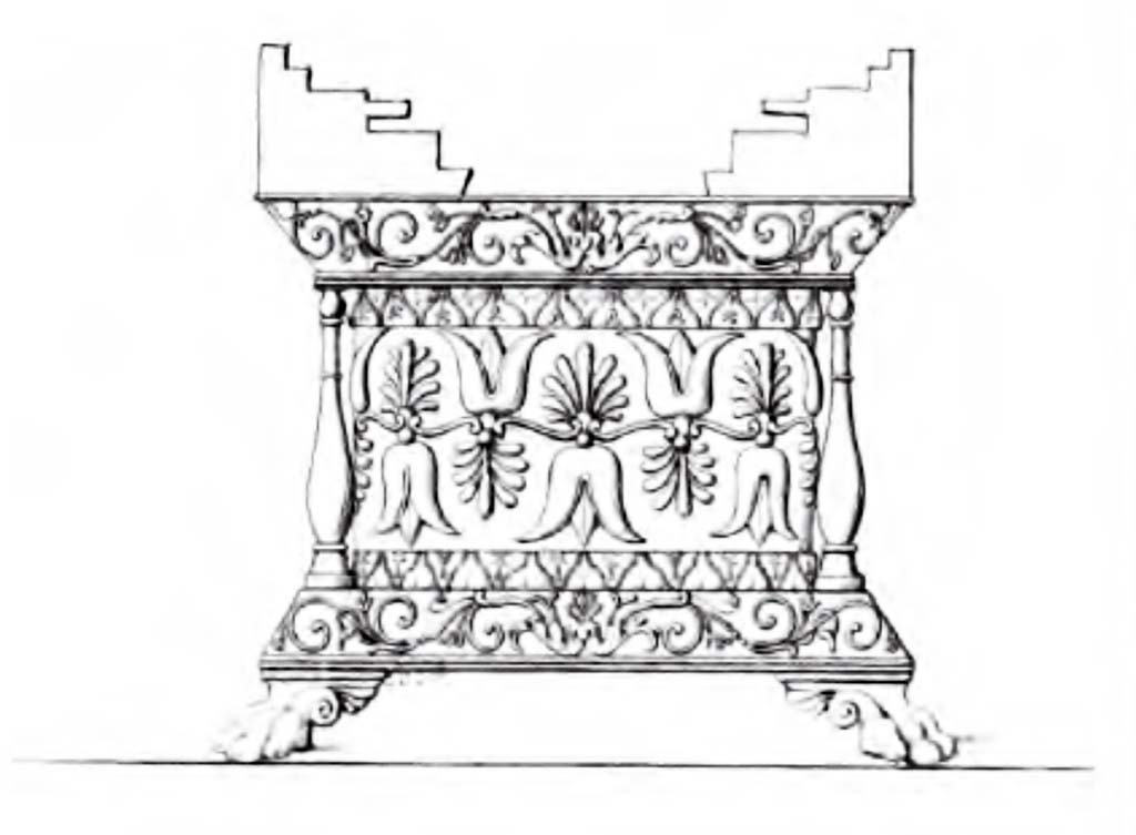VI.9.2 Pompeii. About 1834. Room 15, triclinium. West wall with niche recess.
Sketch of small bronze altar finely decorated with Damascene inlay in silver.
See Boyce G. K., 1937. Corpus of the Lararia of Pompeii. Rome: MAAR 14. (p.16).
See Real Museo Borbonico XI (Pl:44).