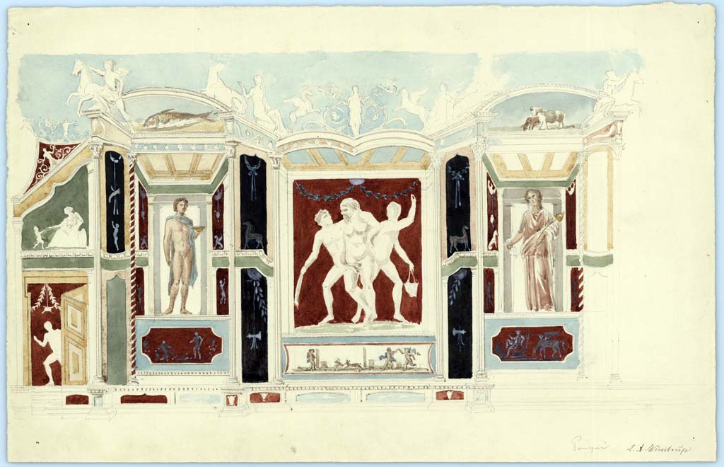 VI.9.2 Pompeii. 1849. Painting by Laurits Albert Winstrup, detail from top of north wall in tablinum.
Photo © Danmarks Kunstbibliotek, inventory number ark_6085.