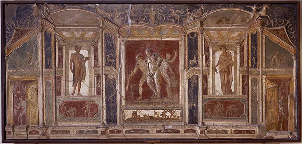 VI.9.2 Pompeii. Found 30th October 1829 in room 8, tablinum from top of south wall. Stucco relief decoration.
Now in Naples Archaeological Museum. Inventory number 9625.