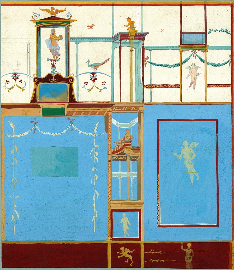 VI.9.2 Pompeii. Between 1834-1890. Room 29, west side of central wall painting with architectural features by C. E. Plitt.
Not signed but in a folder with others numbered A-VII-34-90 to 111 with title: "Pompeji. Handmalereien von C. E. Plitt".
DAIR A-VII-34-093. Photo © Deutsches Archäologisches Institut, Abteilung Rom, Arkiv.