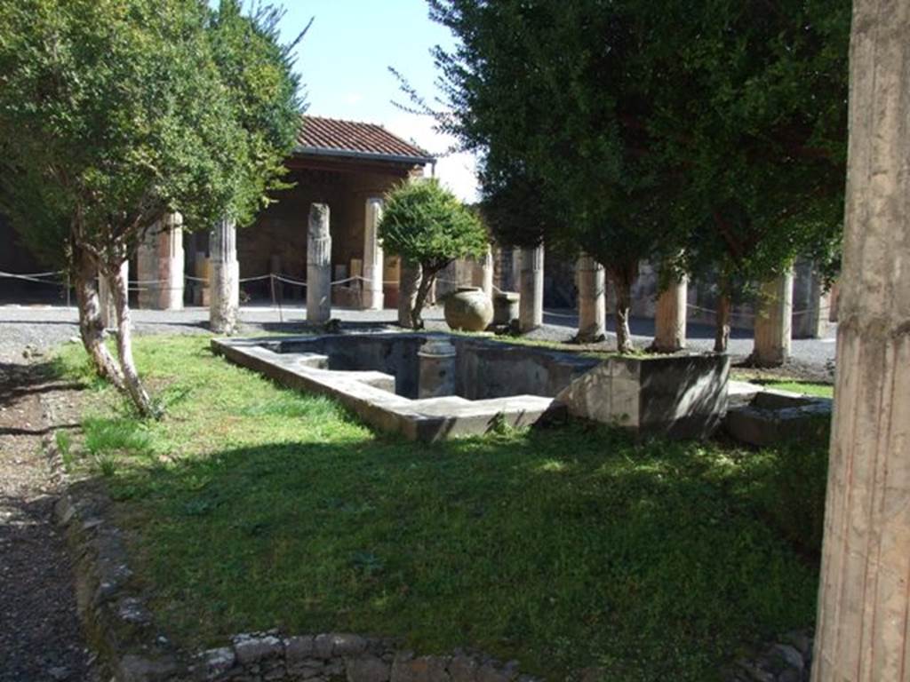 VI.9.2 Pompeii. March 2009. Peristyle garden 17, looking east across pool 18 and fountain 19.