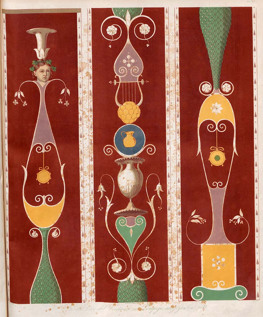 VI.9.3 Pompeii. Painting by Zahn from the House of Centauro, discovered in 1829.
According to Zahn, this decoration on a red background is from a room at the rear, on the left of the tablinum, most likely room 7.
The decoration would have been seen in a narrow panel separating two other panels.
It is shown in three pieces; on the right is the lower part, on the left the upper part, with the middle part joining both.
See Zahn, W., 1842-44. Die schönsten Ornamente und merkwürdigsten Gemälde aus Pompeji, Herkulanum und Stabiae: II. Berlin: Reimer, taf. 59.
According to PPM, the north wall, now with almost illegible decoration but dating to the 4th Style (according to Overbeck, P4, p.331) consisted of a yellow zoccolo, a panelled middle area, concluded by a stucco cornice and an upper zone.
See Carratelli, G. P., 1990-2003. Pompei: Pitture e Mosaici. IV. Roma: Istituto della enciclopedia italiana, (p. 837, no. 36.)