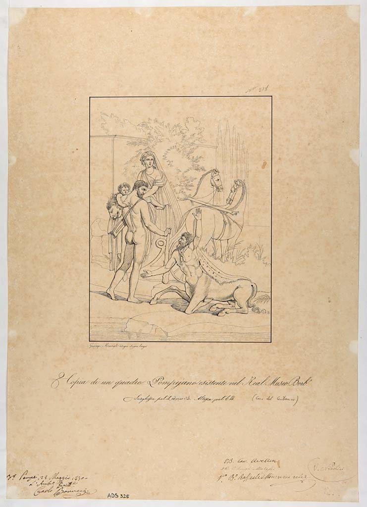 VI.9.5 Pompeii. Drawing by Giuseppe Marsigli, 1830, from south wall of tablinum
Now in Naples Archaeological Museum. Inventory number ADS 325.
Photo © ICCD. http://www.catalogo.beniculturali.it
Utilizzabili alle condizioni della licenza Attribuzione - Non commerciale - Condividi allo stesso modo 2.5 Italia (CC BY-NC-SA 2.5 IT)
