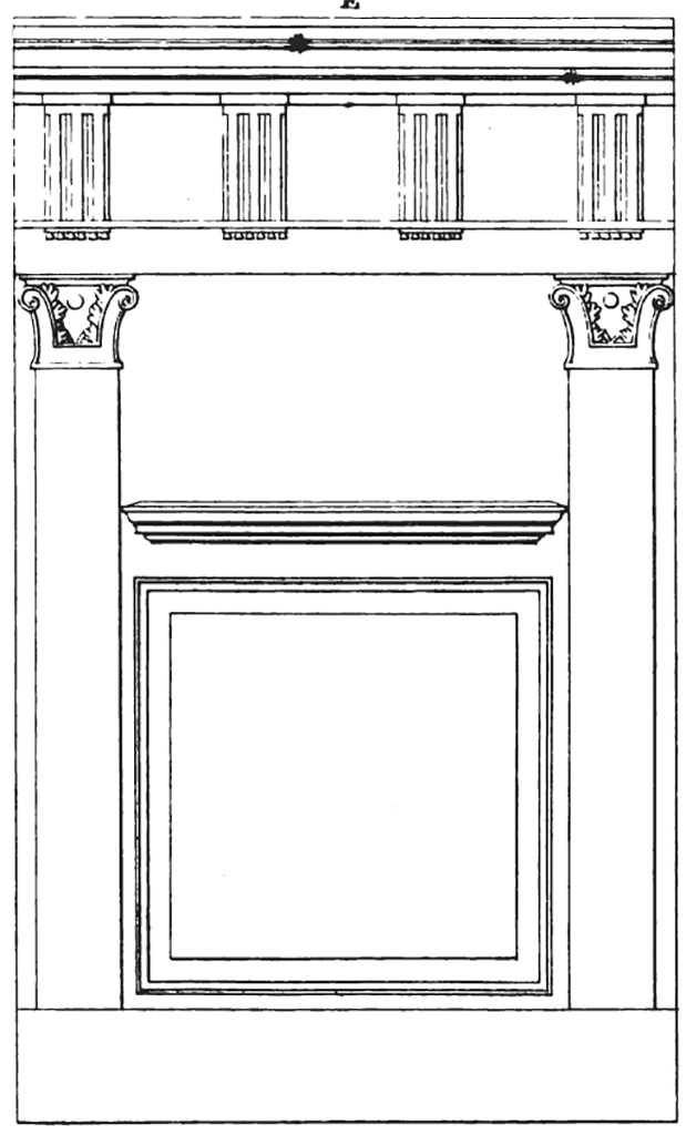 VI.9.5 Pompeii. Triclinium 32. Drawing of the wall with orthostats marked by pilasters and surmounted by a Doric frieze.
The first style stucco cladding was painted with various colours of marble.
The zoccolo decoration is not shown.
See Carratelli, G. P., 1990-2003. Pompei: Pitture e Mosaici: Vol. IV. Roma: Istituto della enciclopedia italiana, p. 859.
See Real Museo Borbonico VI, 1830, Tav A.B.