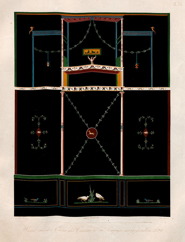VI.9.5 Pompeii. 1842 painting by W. Zahn of wall from triclinium on south side of pseudoperistyle 19.
See Zahn, W., 1842. Die schönsten Ornamente und merkwürdigsten Gemälde aus Pompeji, Herkulanum und Stabiae: II. Berlin: Reimer, Tav. 74.
According to PPM, this may have been from triclinium 20, a large room in the south-west corner of this house.
This was the only reproduction of a painted wall found from here.
According to PPM, the above painting was referred to as being from the room 20, in a 19th century bibliography.
Instead, Bastet referred to it as being from triclinium 18, another room on the south side of pseudoperistyle 19.
See Carratelli, G. P., 1990-2003. Pompei: Pitture e Mosaici. IV. Roma: Istituto della enciclopedia italiana, (p. 849).