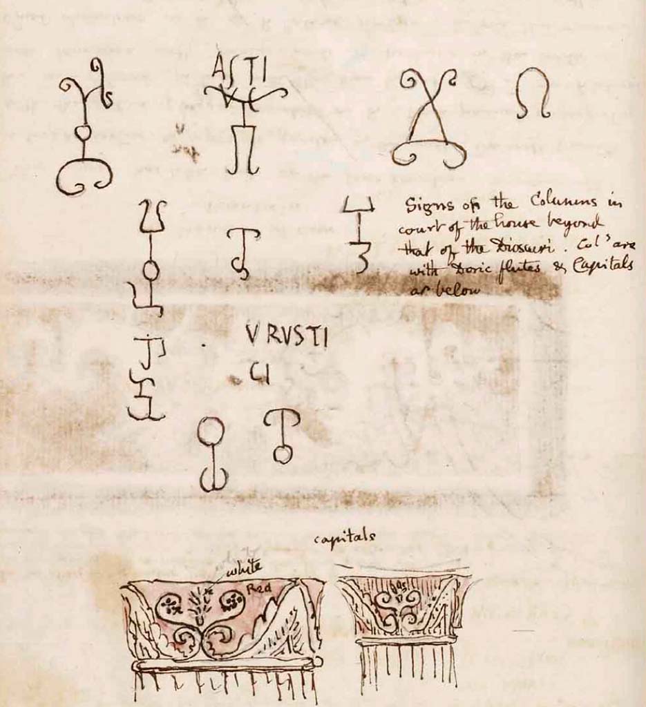 VI.9.5 Pompeii. c.1830. Drawing by Gell.
According to Gell these are signs found on the columns in the court of the house beyond that of the Dioscuri.
Columns are with Doric flutes and Capitals as below.
See Gell, W. Sketchbook of Pompeii, c.1830.
See book from Van Der Poel Campanian Collection on Getty website http://hdl.handle.net/10020/2002m16b425
CIL IV 1299 records: ibidem in ordinis antici columna a sinistra secunda.
ASTI
VS
Tab. XXI 7 ex meo apographo. - Gell 1832 II tab. XLIX et p. 122; Garrucci XXVII 86.
Figuram prius incisam esse patet; alias eiusmodi figuras Gellius I. c. exhibet.
CIL IV 1297 records: in peristylio a aedium n. 12 in ordinis antici columna prima a dextra, litteris quadratis.
Q_RVSTI//
Q
Descripsi. - Gell 1. c. male.
Idem in alia eiusdem columnae parte sub 1298 repetitum est, nisi quod v. 1 Q_RVST.
--- In ordinis dextri columna quarta legi RV-S///////.
CIL IV 1298 records: in eadem columna litteris quadratis clarissimis.
DMVS 0,02i
Descripsi.