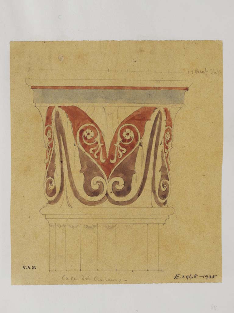 VI.9.5 Pompeii. c.1840. Detail of painted stucco at top of a column in the Casa del Centauro.
Painting by James William Wild, (1814-1892, artist).
Photo © Victoria and Albert Museum, inventory number E.3968-1938.