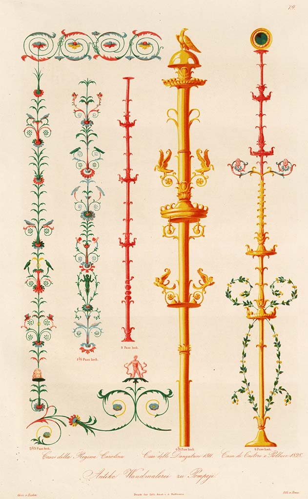 VI.9.6 Pompeii. Pre-1849.
Paintings by Zahn of wall decoration from various places in Pompeii.
On the right, candelabra from Room 16.
In the centre, from Casa della Danzatrice, VI.2.22, excavated 1811.
On the left, five painted decorations/candelabra from VIII.3.14.
See Zahn W., 1849. Ornamente aller klassischen Kunst-Epochen nach den Originalen in ihren eigenthümlichen Farben. Berlin: Reimer, Taf. 79.