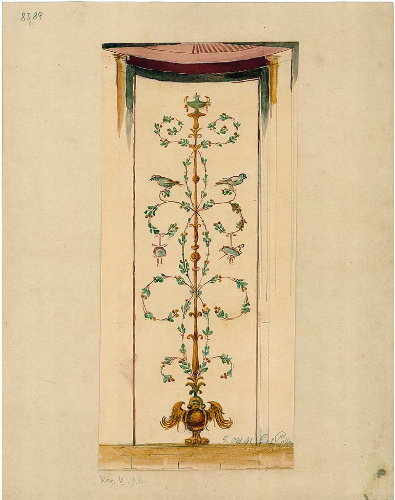 VI.9.6 Pompeii. October 1891.
Room 16, detail of painted candelabra from west wall, as well as north wall, (see below).
DAIR 83.89. Photo © Deutsches Archäologisches Institut, Abteilung Rom, Arkiv.