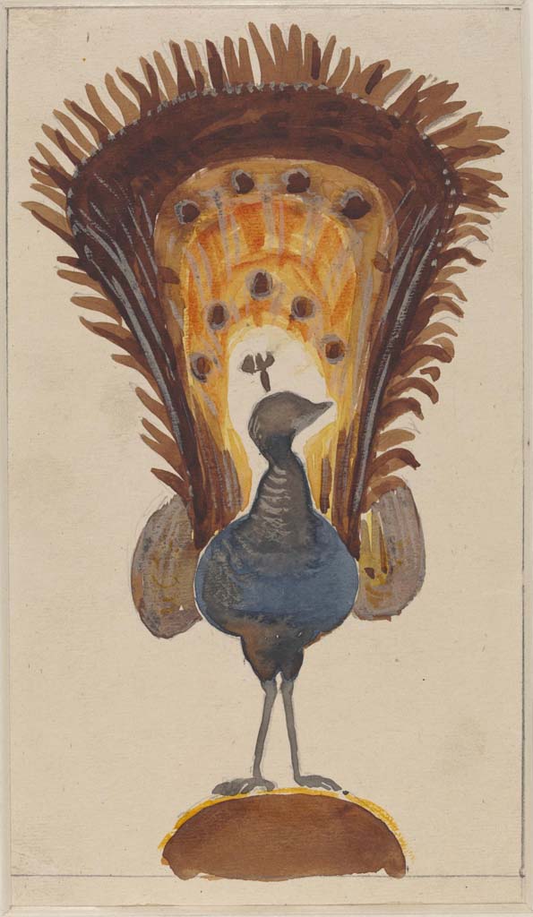 VI.9.6 Pompeii. c.1870’s. Painting by Sydney Vacher of a peacock, seen on the north wall of room 16.
Photo © Victoria and Albert Museum, inventory number E.4401-1910.