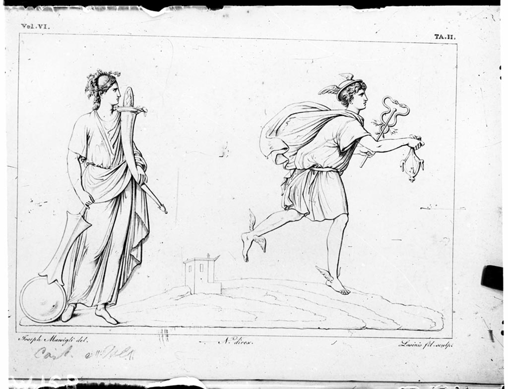VI.9.6 Pompeii. W.168. Entrance doorway, right hand pillar, 1830 drawing by Marsigli of painting of Fortuna and Mercury.
According to Fröhlich, the painting was on the right-hand pillar of entrance 6.
Fortuna, crowned and in Chiton and cloak, holds the cornucopia and a rudder which rests on a globe.
She looks right to Mercury, who is hurrying away to the right.
Mercury is wearing a white tunic, red cloak, petasos (winged helmet), and has winged feet.
He is carrying the Caduceus (staff) and Marsupium (purse).
In the background is a small house in a landscape.
See Fröhlich, T., 1991. Lararien und Fassadenbilder in den Vesuvstädten. Mainz: von Zabern. F39, p.321, abb. 9.
See Real Museo Borbonico Vol. VI, 1830, Tav. II.
Photo by Tatiana Warscher. Photo © Deutsches Archäologisches Institut, Abteilung Rom, Arkiv.