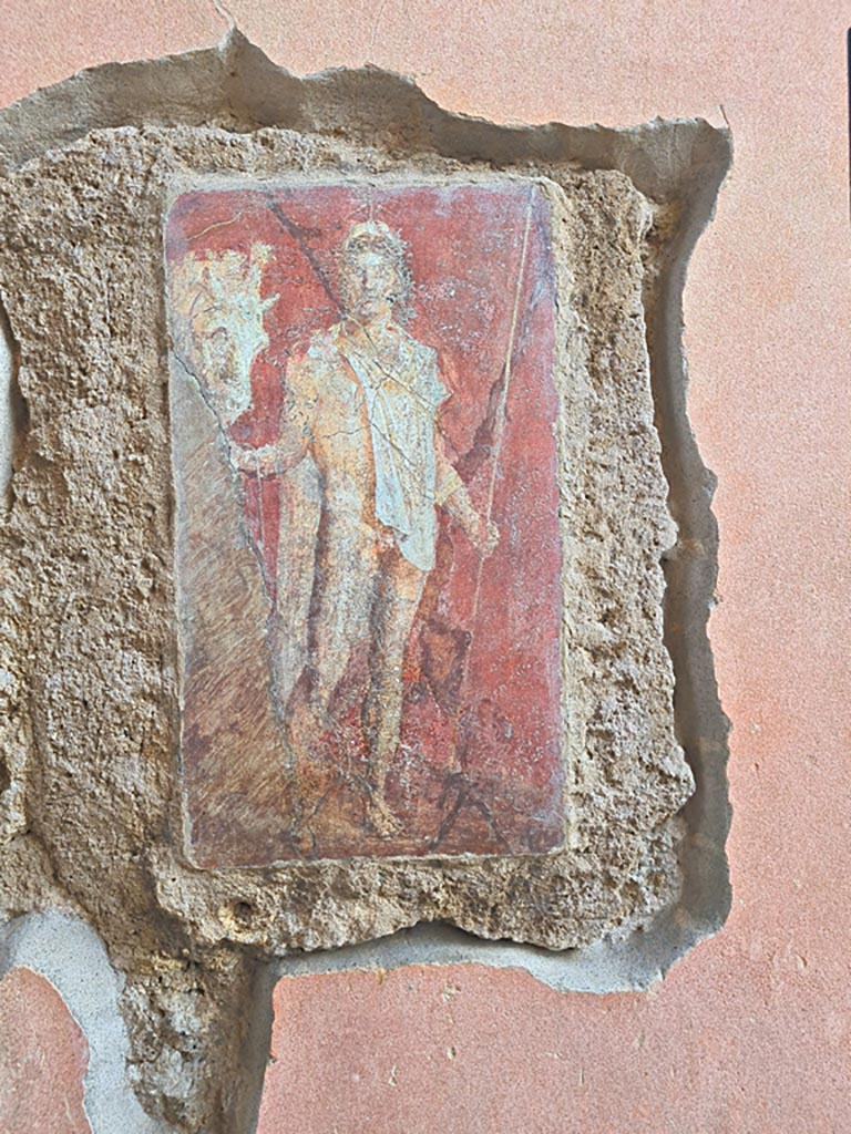 VI.9.6 Pompeii. November 2023.
Room 1, south wall of entrance fauces/corridor with copy of original painting, now in Naples Museum, inv. no. 9453.
Photo courtesy of Giuseppe Ciaramella.