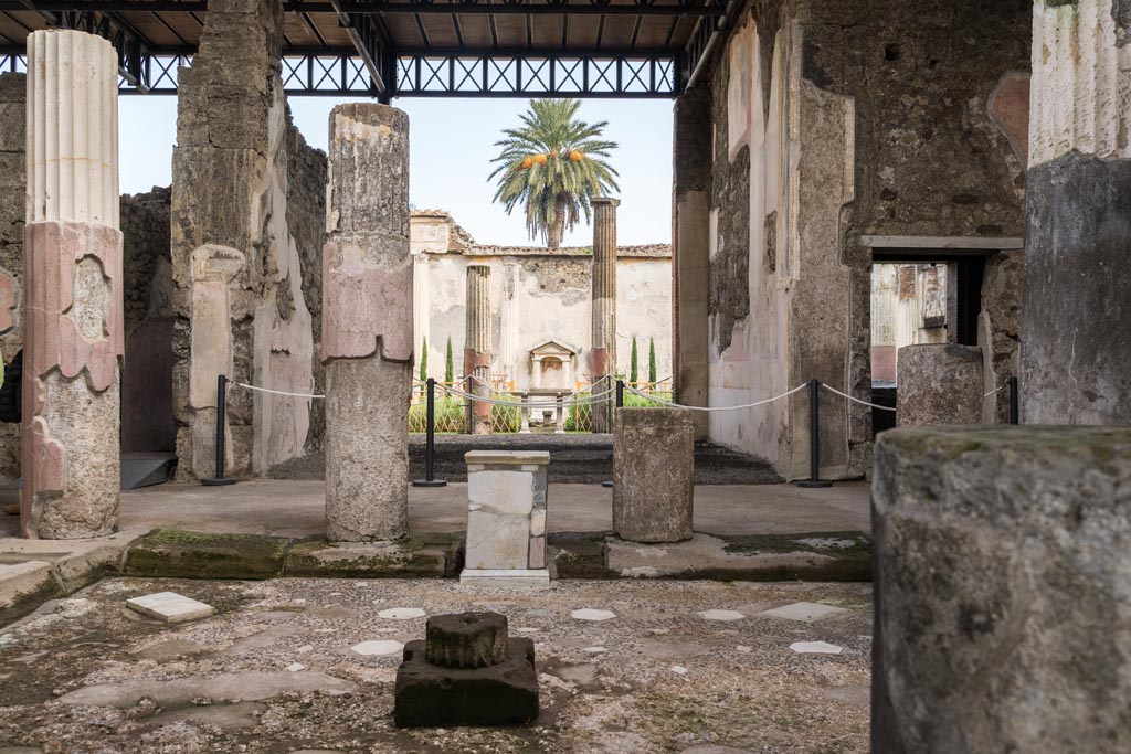 VI.9.6 Pompeii. January 2023.
Room 3, looking east across impluvium towards tablinum and newly planted garden area. Photo courtesy of Johannes Eber.