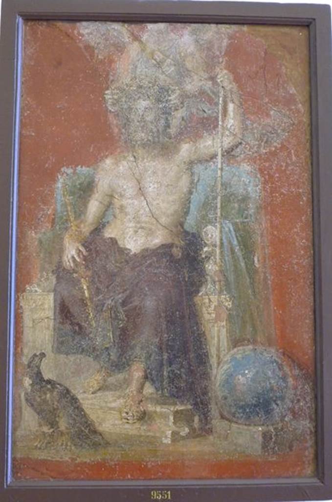 VI.9.6 Pompeii. Found on 18th June 1828. Room 3. Atrium. Wall painting of Zeus or Giove sitting, with his attributes including the eagle and the globe. Now in Naples Archaeological Museum. Inventory number 9551.