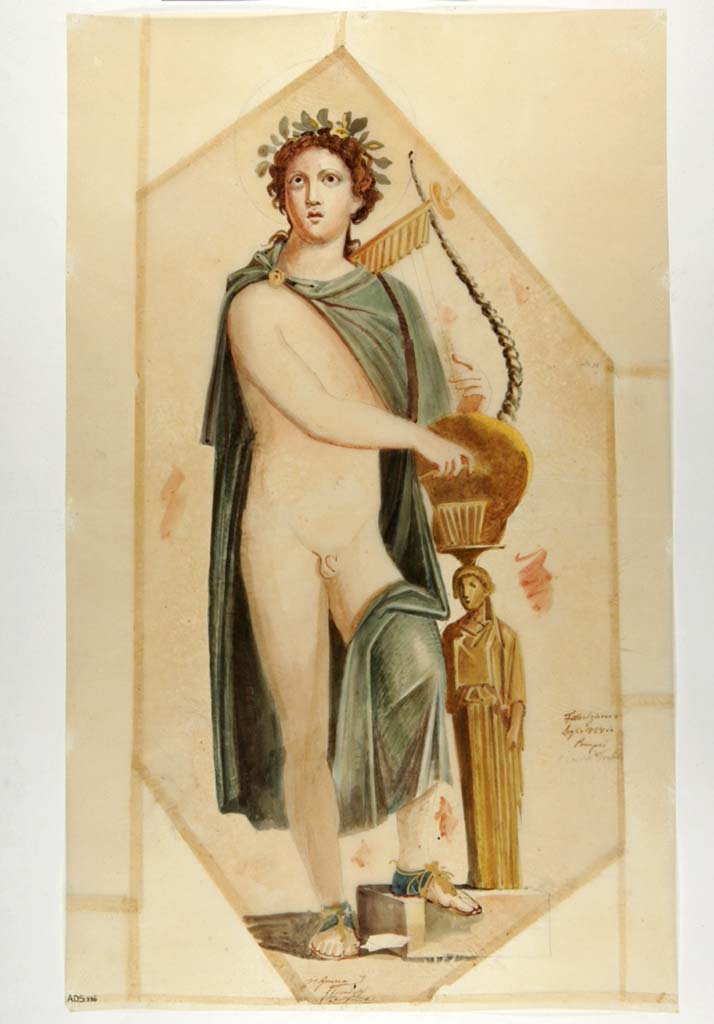VI.9.6 Pompeii. Painting by Giuseppe Marsigli, 8th July 1828, of Apollo from wall in atrium.
Now in Naples Archaeological Museum. Inventory number ADS 336.
Photo © ICCD. http://www.catalogo.beniculturali.it
Utilizzabili alle condizioni della licenza Attribuzione - Non commerciale - Condividi allo stesso modo 2.5 Italia (CC BY-NC-SA 2.5 IT)
