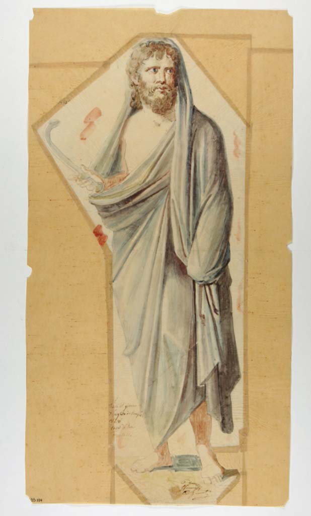 VI.9.6 Pompeii. Painting by Giuseppe Marsigli, 7th July 1828, of the figure of Saturn from atrium wall.
Now in Naples Archaeological Museum. Inventory number ADS 334.
Photo © ICCD. http://www.catalogo.beniculturali.it
Utilizzabili alle condizioni della licenza Attribuzione - Non commerciale - Condividi allo stesso modo 2.5 Italia (CC BY-NC-SA 2.5 IT)