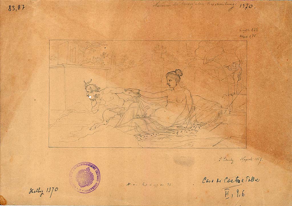 VI.9.6 Pompeii. 1867 Drawing of painting of Pan and Hermaphrodite found on 1st July 1828.
DAIR 83.87. Photo © Deutsches Archäologisches Institut, Abteilung Rom, Arkiv.
See Helbig, W., 1868. Wandgemälde der vom Vesuv verschütteten Städte Campaniens. Leipzig: Breitkopf und Härtel. (1370: p.304, p.469).