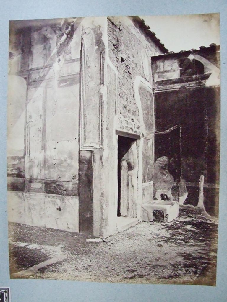This is shown on the Fox collection list as “the corner of tablinum showing entrance to fauces”.
The entrance is in fact a room on the right of the tablinum with a window to the garden, (our room 8).
Old undated photograph courtesy of the Society of Antiquaries, Fox Collection.