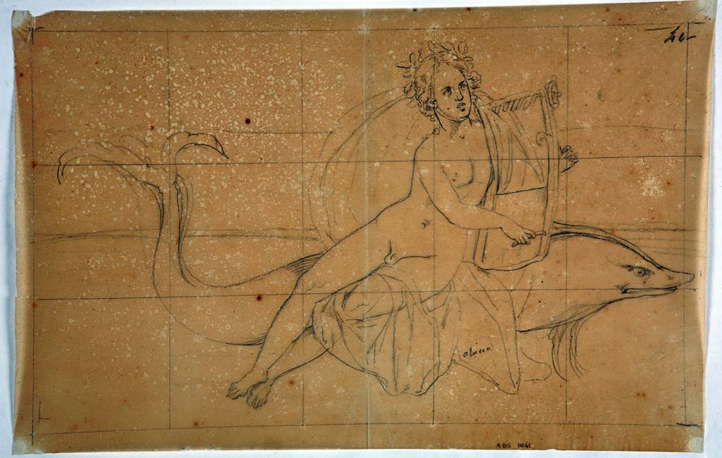 VI.9.6 Pompeii. Room 8, drawing by Giuseppe Marsigli of panel showing Arion on a dolphin playing the lyre, from west end of north wall.
Now in Naples Archaeological Museum. Inventory number ADS 1041.
Photo © ICCD. http://www.catalogo.beniculturali.it
Utilizzabili alle condizioni della licenza Attribuzione - Non commerciale - Condividi allo stesso modo 2.5 Italia (CC BY-NC-SA 2.5 IT)
This panel can also be seen in Museo Borbonico X, tav.VII, by La Volpe. (Helbig 1377).