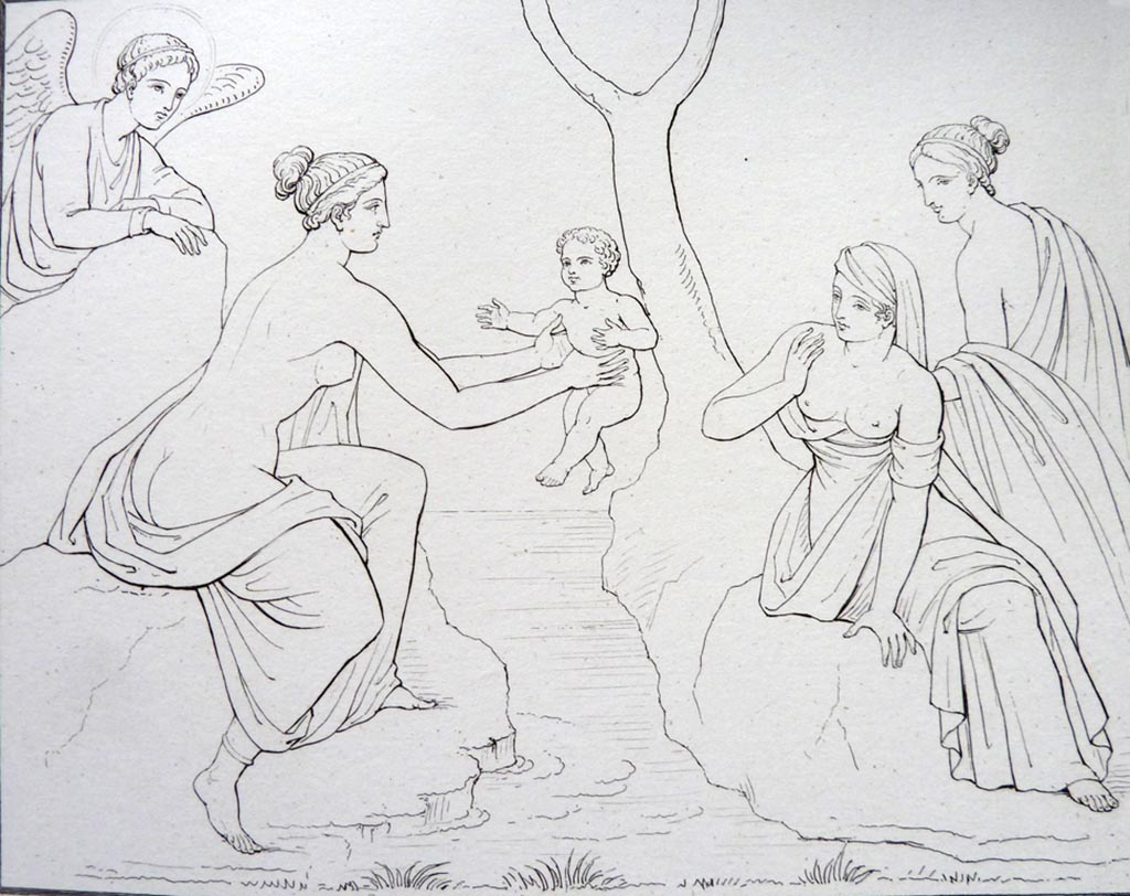 VI.9.6 Pompeii. Pre 1836.
Room 8, drawing by Gell of wall painting from the north wall, of Nymphs bathing or taking the newly born Adonis.
Gell wrote –
“This represents Achilles bathed in the Styx, and has every appearance of having been taken from something of a superior cast.
It is always agreeable to possess an ancient painting of subjects recorded in history or poetry.”
See Gell, W and Gandy, J., 1880. Pompeii, its destruction and re-discovery. New York: Worthington.