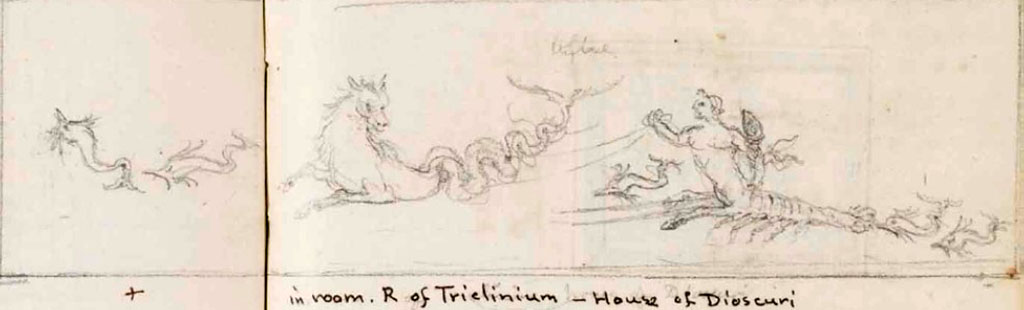 VI.9.6 Pompeii. c.1830. Room 8, drawing by Gell of painting of sea creature and sea deity, from the centre of the south wall.
See Gell, W. Sketchbook of Pompeii, c.1830.
See book from Van Der Poel Campanian Collection on Getty website http://hdl.handle.net/10020/2002m16b425
