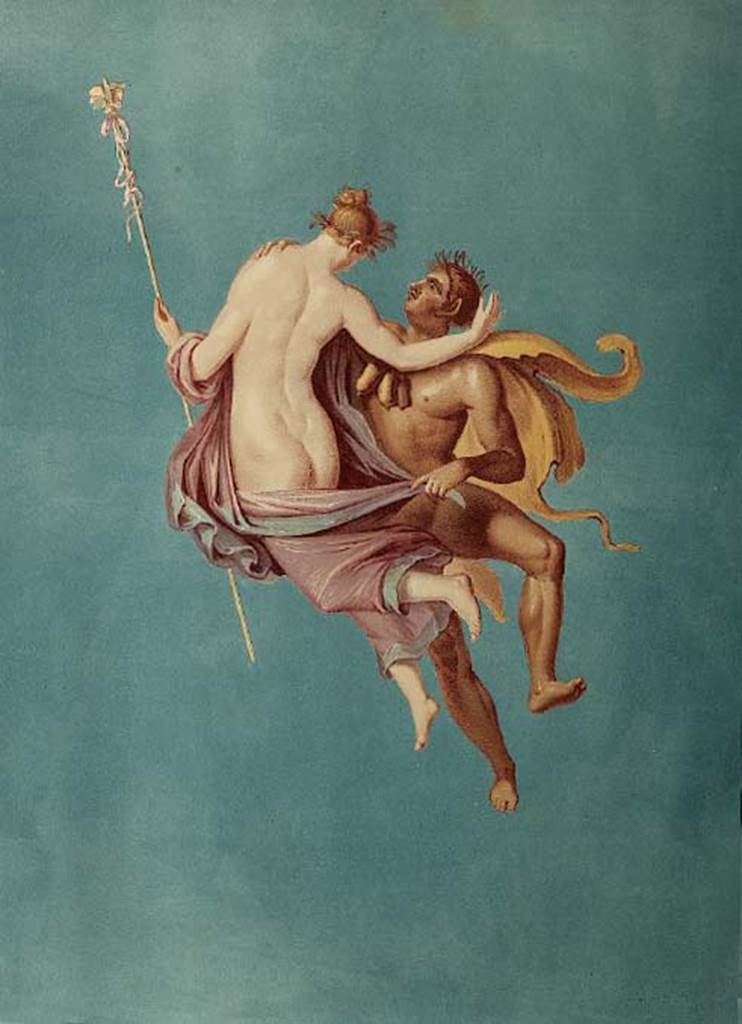 VI.9.6 Pompeii. Room 9, tablinum, painting by Zahn of floating figures from north wall.
See Zahn, W., 1842. Die schönsten Ornamente und merkwürdigsten Gemälde aus Pompeji, Herkulanum und Stabiae: II. Berlin: Reimer. Taf. 27.