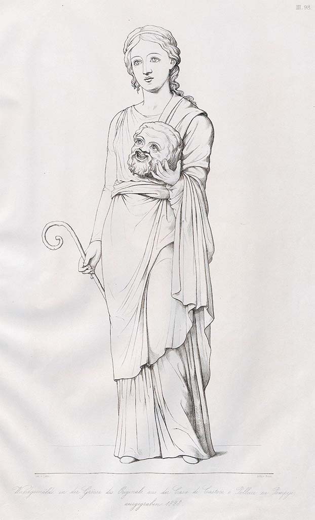 VI.9.6 Pompeii. Pre-September 1859.
Drawing by Zahn of Thalia the muse of comedy from north wall of tablinum.
See Zahn, W., 1852-59. Die schönsten Ornamente und merkwürdigsten Gemälde aus Pompeji, Herkulanum und Stabiae: III. Berlin: Reimer, taf .98.
According to Giovambatista Finati in RMB,
This is Thalia shown with a mask in her left hand, and the pedum in her right: a long red sistide (gown) covered with a magnificent green mantle forms her clothing, as a thin ribbon that encircles her short and dark hair and is attached to the middle of the top of her forehead is the only ornament that decorates her head.
She has her feet shod.
See Real Museo Borbonico Vol. IX, 1833, Tav. XXXIV.