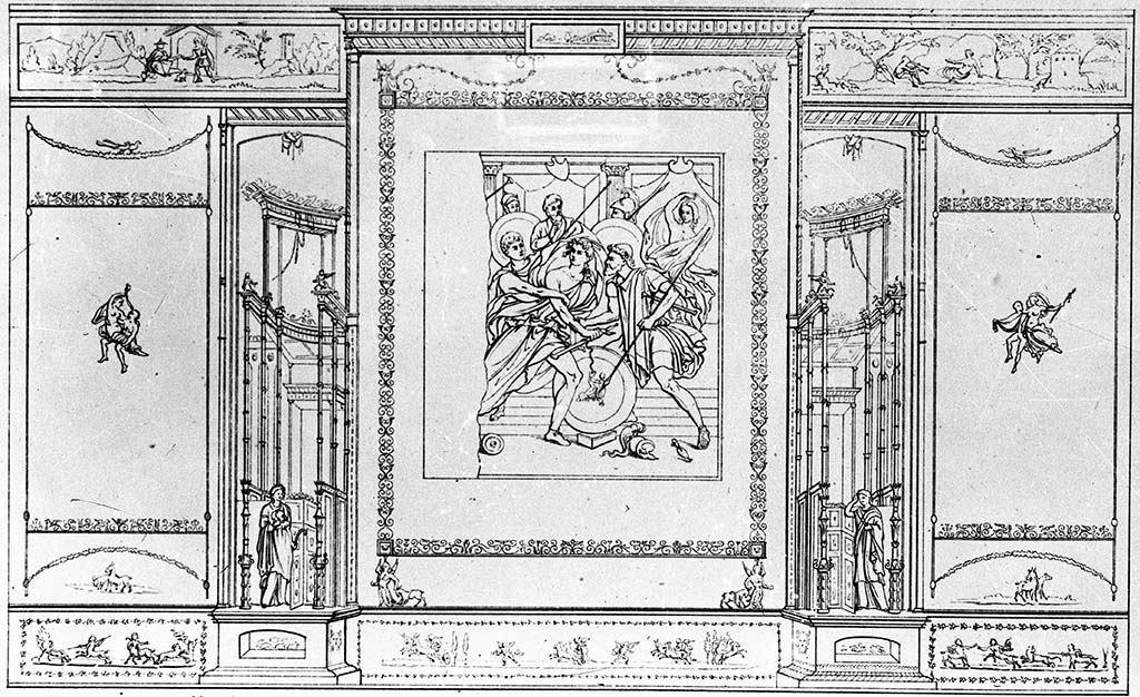 VI.9.6 Pompeii. W.292.
Room 9, drawing of detail of south wall of tablinum, with central painting of Achilles on Skyros: Niccolini, taf 6.
Photo by Tatiana Warscher. Photo © Deutsches Archäologisches Institut, Abteilung Rom, Arkiv.
See Niccolini F, 1854. Le case ed i monumenti di Pompei: Volume Primo. Napoli. Tav. 6.