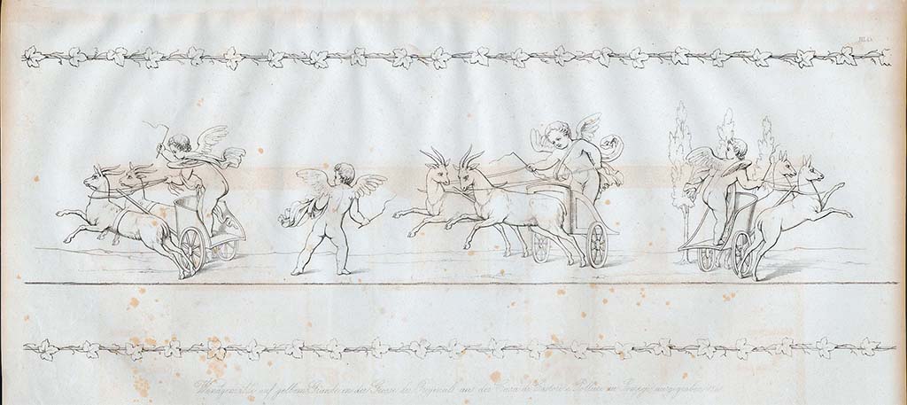 VI.9.6 Pompeii. Pre-October 1852.
Drawing by Zahn of cupids from the central predella beneath the central painting, on a yellow background of the wall of the tablinum.
See Zahn, W., 1852-59. Die schönsten Ornamente und merkwürdigsten Gemälde aus Pompeji, Herkulanum und Stabiae: III. Berlin: Reimer, taf. 45.