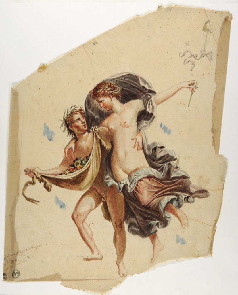 VI.9.6 Pompeii. Painting by Giuseppe Marsigli, 6th July 1828, of panel on west end of south wall in tablinum of flying Satyr and Maenad.
Now in Naples Archaeological Museum. Inventory number ADS 343.
Photo © ICCD. http://www.catalogo.beniculturali.it
Utilizzabili alle condizioni della licenza Attribuzione - Non commerciale - Condividi allo stesso modo 2.5 Italia (CC BY-NC-SA 2.5 IT)