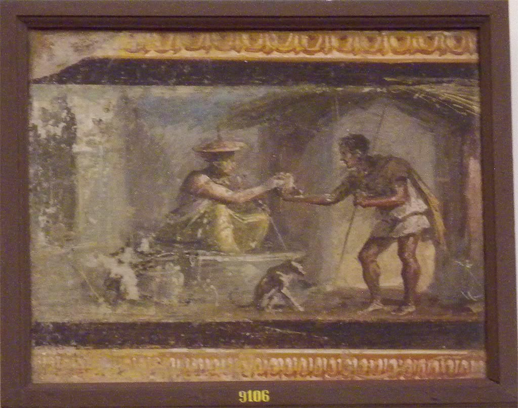 VI.9.6 Pompeii. Found on 18th June 1828 in room 9, on upper section frieze at east end of south wall of tablinum.
Wall painting of a woman offering a drink to a traveller.
It has also been interpreted as “Oedipus and the Sphynx” or as a magician predicting the future.
Now in Naples Archaeological Museum. Inventory number 9106.