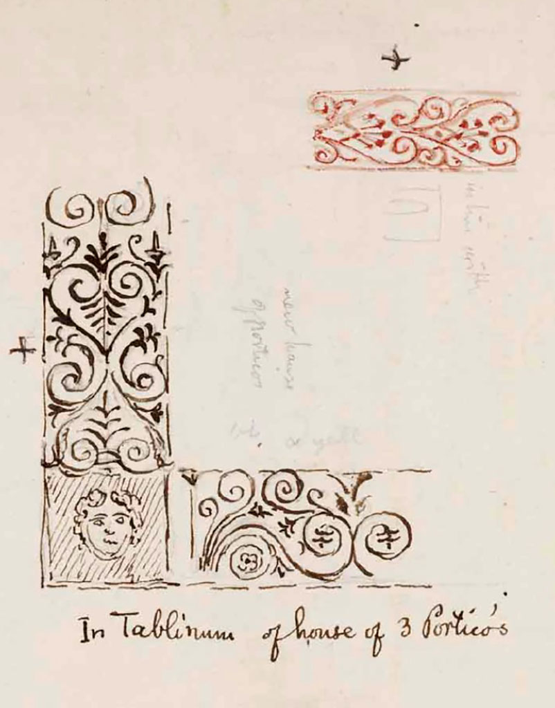 VI.9.6 Pompeii. c.1830. Room 9, tablinum, drawing by Gell of detail of decoration.
See Gell, W. Sketchbook of Pompeii, c.1830.
See book from Van Der Poel Campanian Collection on Getty website http://hdl.handle.net/10020/2002m16b425
