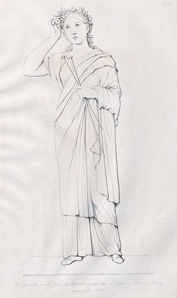 VI.9.6 Pompeii. Pre-December 1858.
Drawing by Zahn of Euterpe, the muse of music, from the architectural design at west end of south wall in tablinum.
See Zahn, W., 1852-59. Die schönsten Ornamente und merkwürdigsten Gemälde aus Pompeji, Herkulanum und Stabiae: III. Berlin: Reimer, taf. 88.
According to Giovambatista Finati in RMB,
This is Euterpe clasping two tibiae in her left hand and holding her right hand to her head covered with leaves. Almost similar to the garments of Thalia are those which cover her.
Her feet are shod.
See Real Museo Borbonico Vol. IX, 1833, Tav. XXXIV.