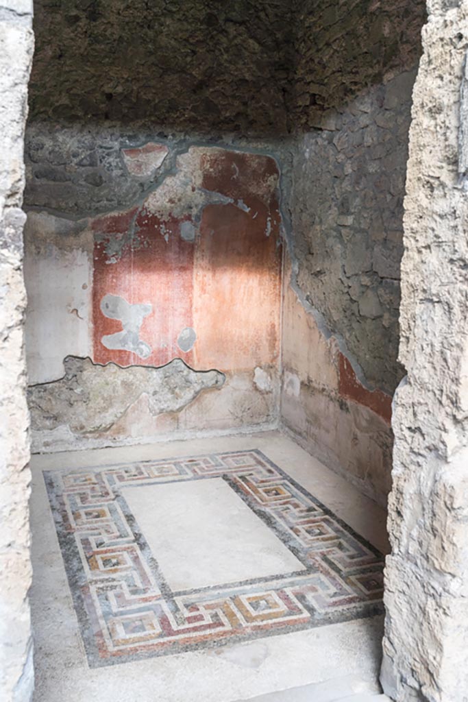 VI.9.6 Pompeii. January 2023.
Room 12, looking through doorway towards coloured mosaic floor. Photo courtesy of Johannes Eber.