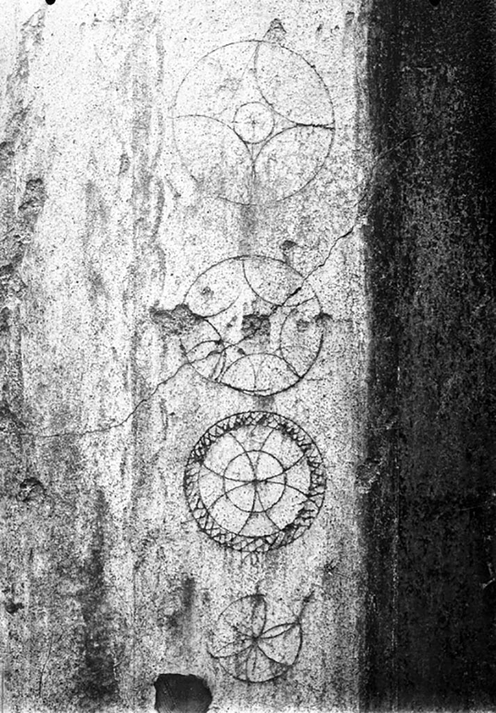 VI.9.6 Pompeii. W.304, Room 13, south wall, west side of doorway.
Circular ornamental decorations on white plaster at edge of doorway.
Photo by Tatiana Warscher. Photo © Deutsches Archäologisches Institut, Abteilung Rom, Arkiv.