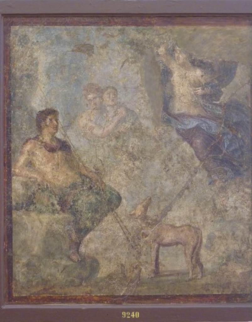 VI.9.6 Pompeii. Room 14, from the centre of the north wall. Painting of Selene wrapped in her dark cloak descending towards Endymion. Now in Naples Archaeological Museum. Inventory number 9240. See Helbig, W., 1868. Wandgemälde der vom Vesuv verschütteten Städte Campaniens. Leipzig: Breitkopf und Härtel. (960).