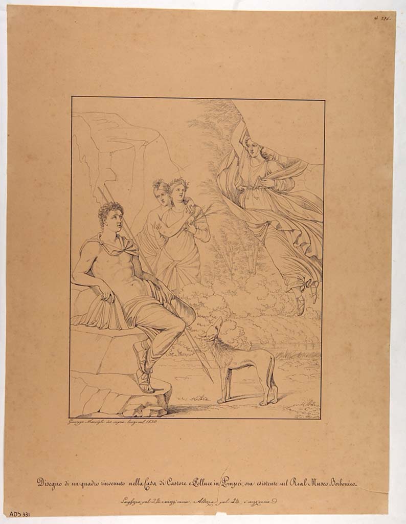 VI.9.6 Pompeii. Drawing by Giuseppe Marsigli, 1830, of Selene and Endymion.
Now in Naples Archaeological Museum. Inventory number ADS 331.
Photo © ICCD. http://www.catalogo.beniculturali.it
Utilizzabili alle condizioni della licenza Attribuzione - Non commerciale - Condividi allo stesso modo 2.5 Italia (CC BY-NC-SA 2.5 IT)
