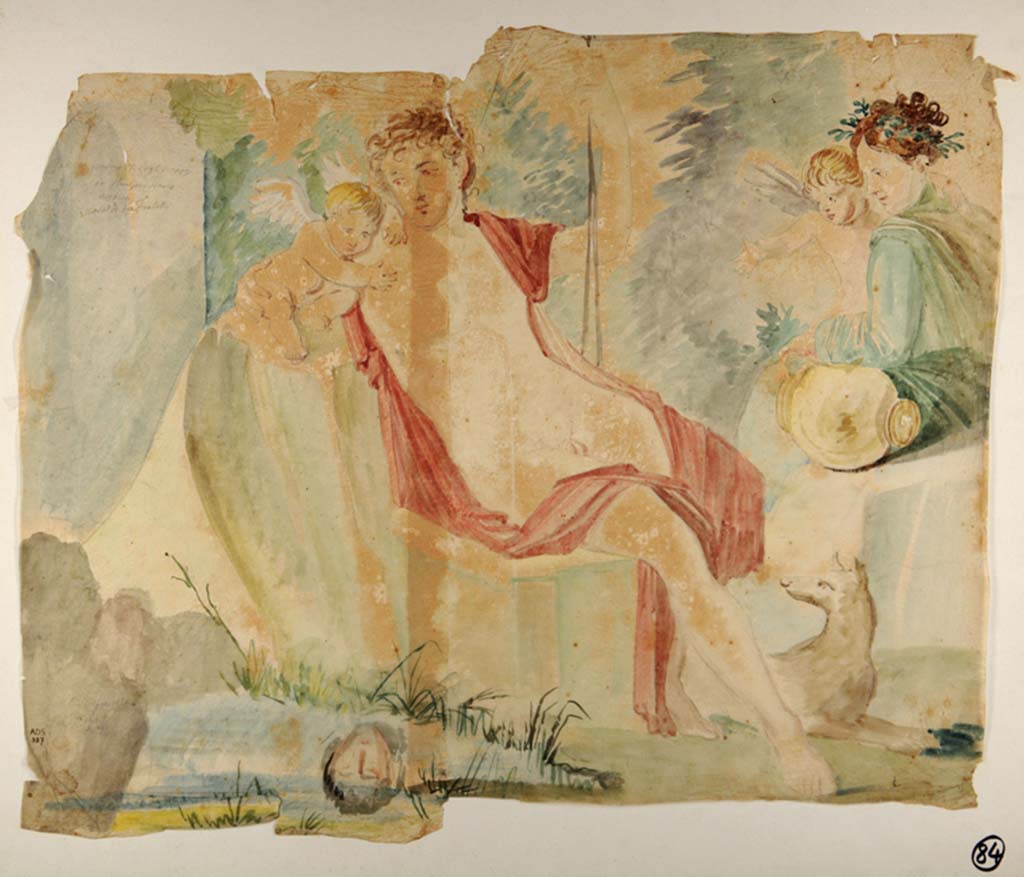 VI.9.6 Pompeii. Painting by Giuseppe Marsigli, 21st July 1828, of painting of Narcissus in centre of west wall of oecus.
This painting was left in situ and is now faded and disappeared.
Now in Naples Archaeological Museum. Inventory number ADS 337.
Photo © ICCD. http://www.catalogo.beniculturali.it
Utilizzabili alle condizioni della licenza Attribuzione - Non commerciale - Condividi allo stesso modo 2.5 Italia (CC BY-NC-SA 2.5 IT)