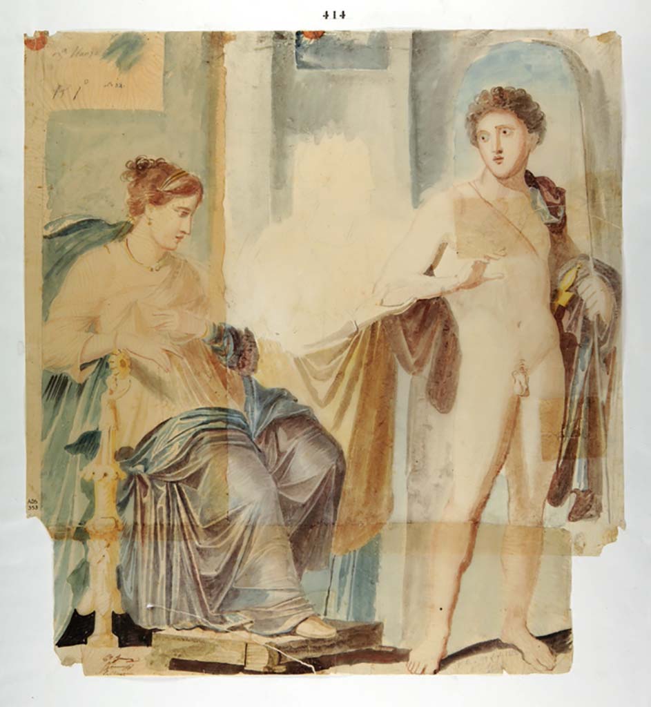 VI.9.6 Pompeii. 1828 copy of wall painting of Phaedra, the nurse (Averne/Averna?) and Hippolytus by G. Marsigli.
From south wall of pseudo-peristyle near to doorway to room 22.
Now in Naples Archaeological Museum. Inventory number ADS 353.
Photo © ICCD. https://www.catalogo.beniculturali.it
Utilizzabili alle condizioni della licenza Attribuzione - Non commerciale - Condividi allo stesso modo 2.5 Italia (CC BY-NC-SA 2.5 IT)