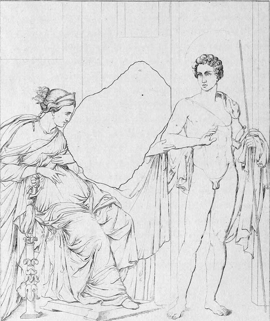 VI.9.6 Pompeii. 1840 drawing of a wall painting from south wall of pseudo-peristyle near to doorway to room 22.
According to Roux and Barre,
this shows the departure of Jason, who, after spending two years at Lemnos with Hypsipyle, queen of the Lemnians, left her pregnant to continue the quest for the Golden Fleece.
The heroic costume and the sceptre befit the chief of the Argonauts; the diadem, the purple and the throne indicate a queen who rules by herself, and not only as the wife or the daughter of a king. Finally, and this is quite decisive, what divinity can represent this statuette which poses on one of the legs of the armchair, or rather on a small colonette decorated with foliage, erected next to the throne, and which has the figure of a man dressed in a long robe and carrying like a sceptre a lotus branch with its blooming flower? This divinity can only be a Bacchus-Osiris. Hypsipyle, as she claims herself, is the granddaughter of Bacchus and Ariadne: it is natural that one finds near her throne the image of her glorious ancestor.
See Roux, H., 1840. Herculanem et Pompei recueil général des Peintures, Bronzes, Mosaïques : Tome 3. Paris : Didot, pl. 100.
According to PPM this shows Phaedra, Hippolyte and the nurse.
See Carratelli, G. P., 1990-2003. Pompei: Pitture e Mosaici: Vol. IV. Roma: Istituto della enciclopedia italiana, p. 942-3.