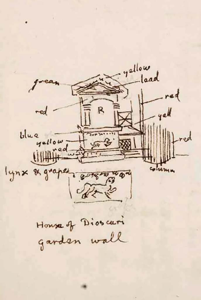 VI.9.6 Pompeii. C.1830. Drawing by Gell with description of garden wall, near aedicula.
See Gell, W. Sketchbook of Pompeii, c.1830.
See book from Van Der Poel Campanian Collection on Getty website http://hdl.handle.net/10020/2002m16b425