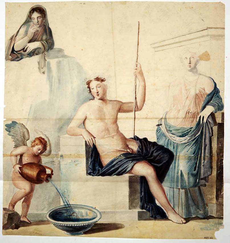 VI.9.6 Pompeii. Painting by Giuseppe Marsigli, of Narcissus, from the south wall of the triclinium.
Now in Naples Archaeological Museum. Inventory number ADS 355.
Photo © ICCD. http://www.catalogo.beniculturali.it
Utilizzabili alle condizioni della licenza Attribuzione - Non commerciale - Condividi allo stesso modo 2.5 Italia (CC BY-NC-SA 2.5 IT)
