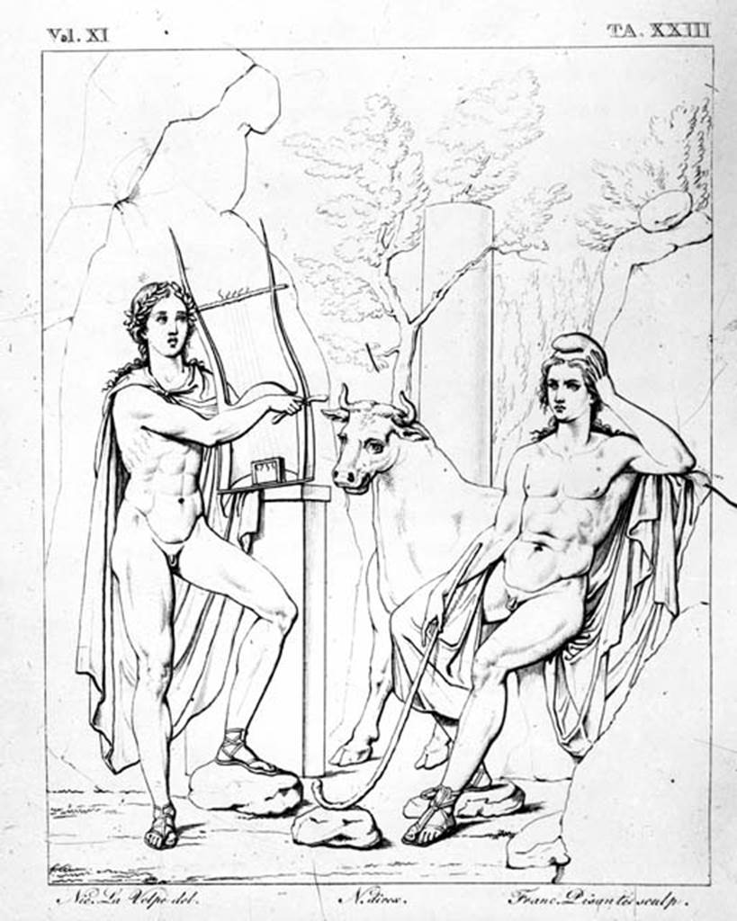 VI.9.6 Pompeii. W.219. Room 20, drawing by N. La Volpe of wall painting from east wall of Apollo and Laomedon or Admetus.
Photo by Tatiana Warscher. Photo © Deutsches Archäologisches Institut, Abteilung Rom, Arkiv.
See Helbig, W., 1868. Wandgemälde der vom Vesuv verschütteten Städte Campaniens. Leipzig: Breitkopf und Härtel. (220)
See Real Museo Borbonico, XI, taf 23.