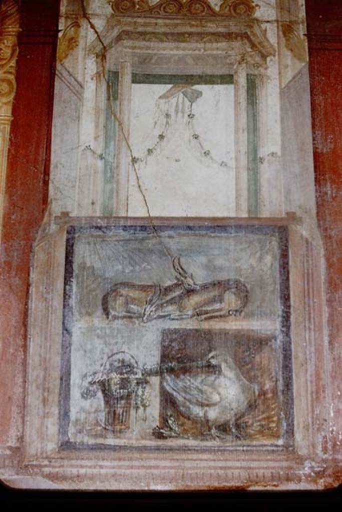 VI.9.6 Pompeii. 1959. Room 6, wall painting of two deer, a basket with garlands and a goose, from north wall of peristyle on west side of doorway. Photo by Stanley A. Jashemski.
Source: The Wilhelmina and Stanley A. Jashemski archive in the University of Maryland Library, Special Collections (See collection page) and made available under the Creative Commons Attribution-Non Commercial License v.4. See Licence and use details.
J59f0375