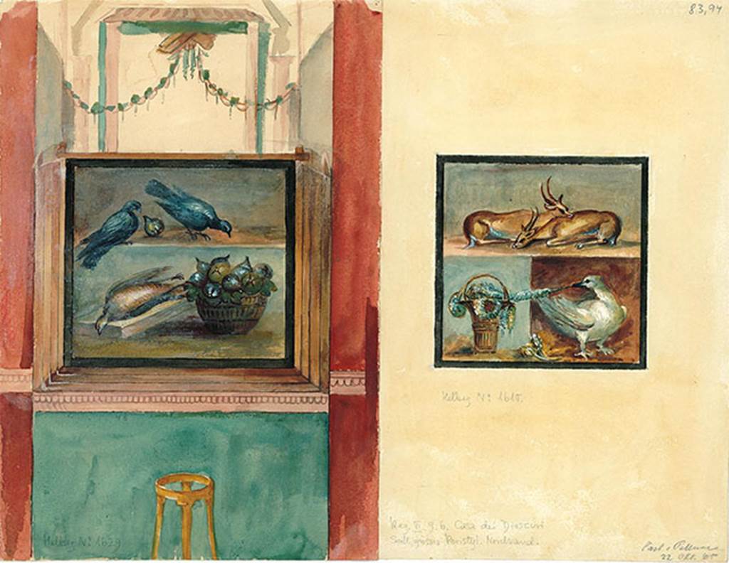 VI.9.6 Pompeii. Peristyle 6, watercolour copy (left) of wall painting of two birds pecking at a bowl of figs.
A dead partridge is lying at the side of the bowl.
From the west end of the north wall of the peristyle 6.
On the right is a copy of the wall painting of two deer, a basket with garlands and a goose, from north wall of peristyle on west side of doorway.
DAIR 83.94. Photo © Deutsches Archäologisches Institut, Abteilung Rom, Arkiv.
See http://arachne.uni-koeln.de/item/marbilder/5022269