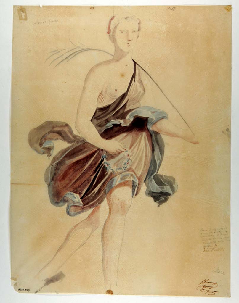 VI.9.6 Pompeii. Room 6. West side of north-west pilaster in peristyle.
Painting by Giuseppe Marsigli, of female figure with palm leaf and garland found 26th April 1828.
Now in Naples Archaeological Museum. Inventory number ADS 359.
Photo © ICCD. http://www.catalogo.beniculturali.it
Utilizzabili alle condizioni della licenza Attribuzione - Non commerciale - Condividi allo stesso modo 2.5 Italia (CC BY-NC-SA 2.5 IT)