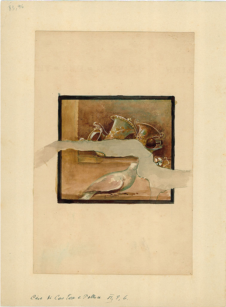 VI.9.6 Pompeii. Copy of wall painting with silver cups and pigeon/dove from the west wall of the peristyle 6.
DAIR 83.96. Photo © Deutsches Archäologisches Institut, Abteilung Rom, Arkiv.